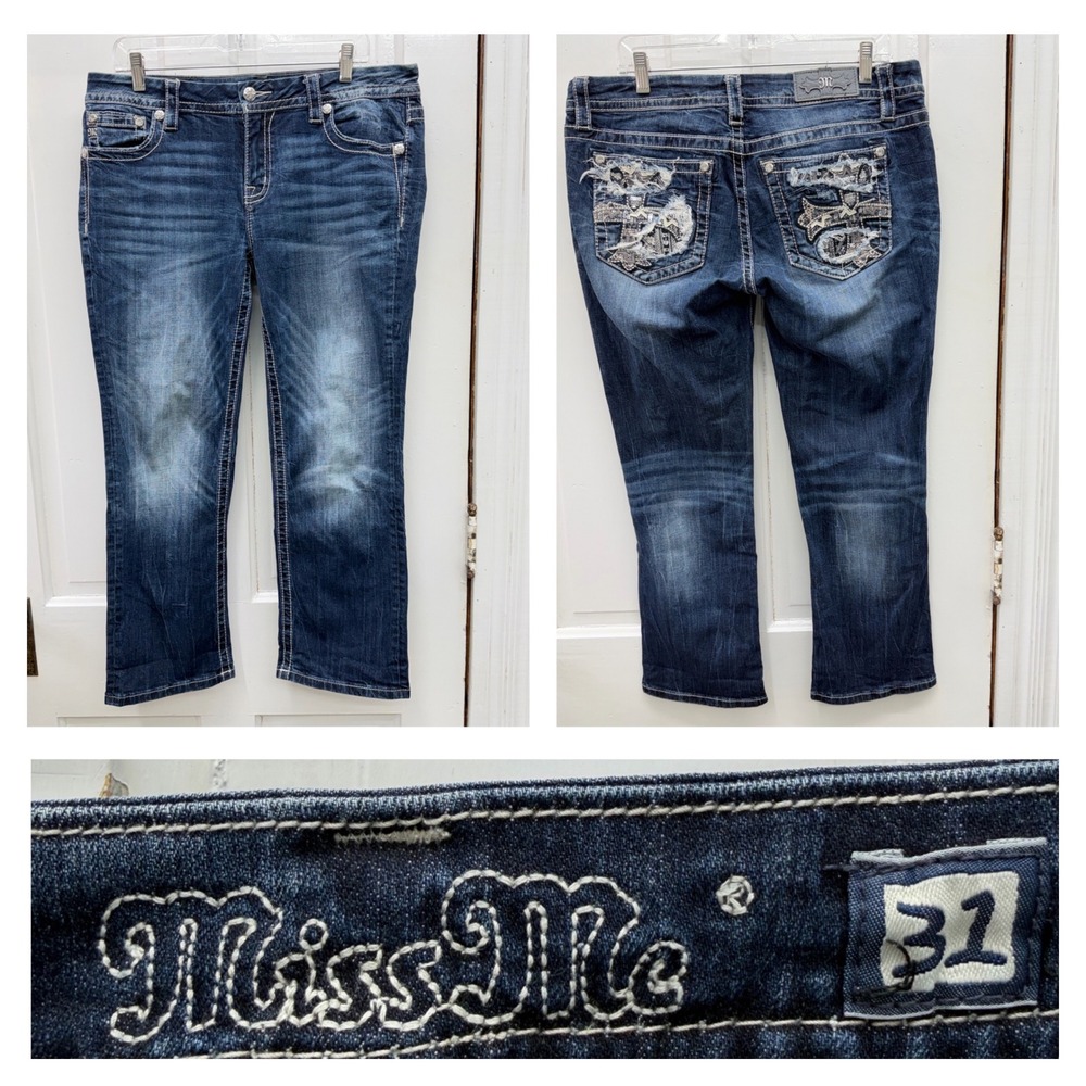 Miss Me Blue Embroidered Ankle Crop Jeans
